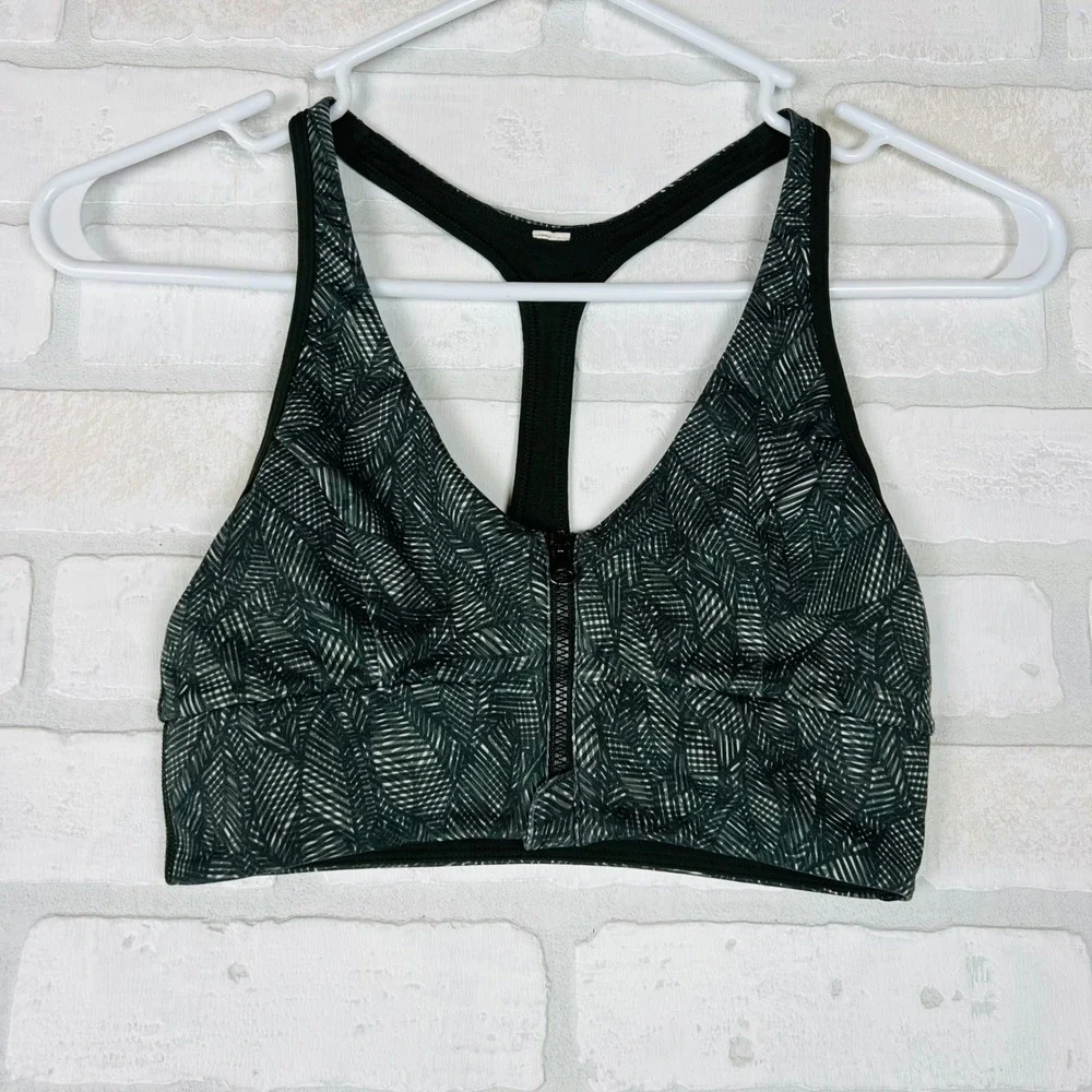 Lululemon Front Zip Racerback Sports Bra Green Geometric Palm Leaf Print Size 4